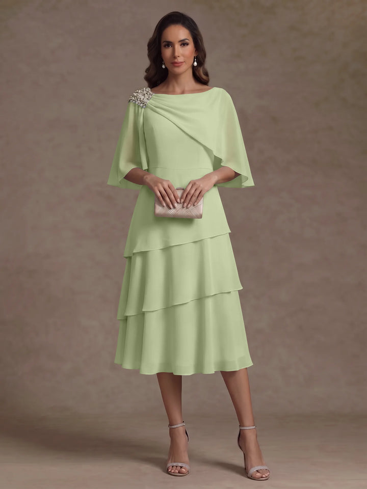 A-Line/Princess Boat Neck Chiffon Mother of the Bride Dresses Tea-Length Cape Sleeves Ruffles