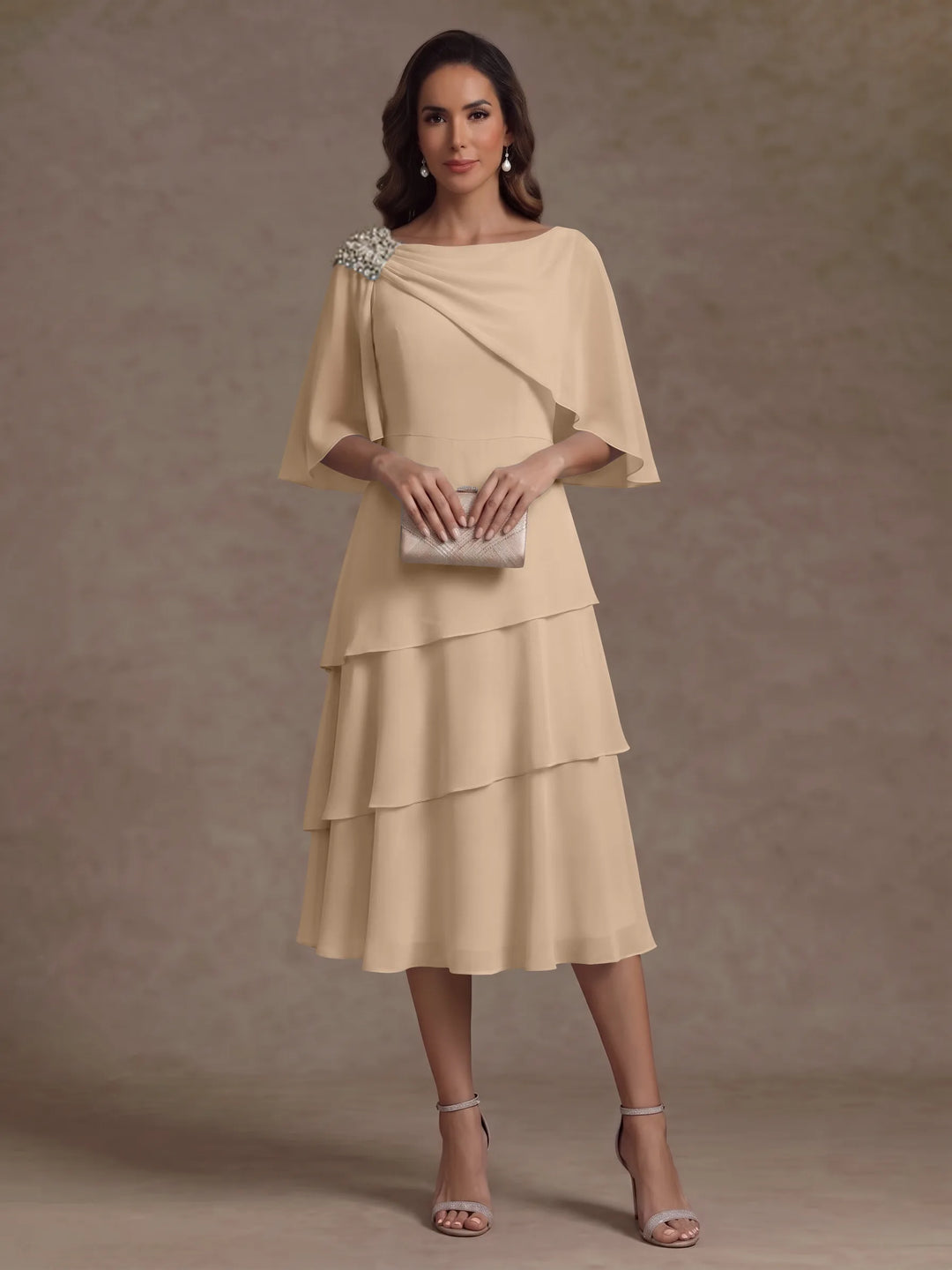 A-Line/Princess Boat Neck Chiffon Mother of the Bride Dresses Tea-Length Cape Sleeves Ruffles
