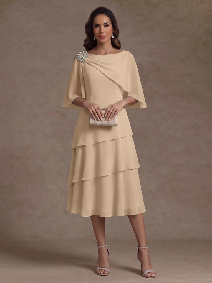 A-Line/Princess Boat Neck Chiffon Mother of the Bride Dresses Tea-Length Cape Sleeves Ruffles
