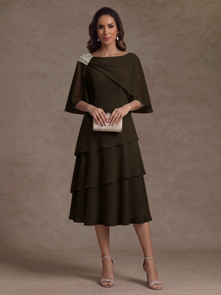 A-Line/Princess Boat Neck Chiffon Mother of the Bride Dresses Tea-Length Cape Sleeves Ruffles