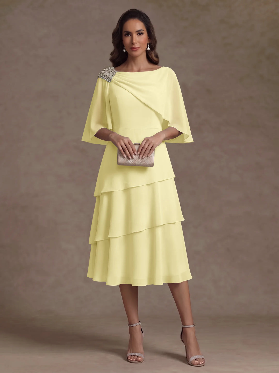 A-Line/Princess Boat Neck Chiffon Mother of the Bride Dresses Tea-Length Cape Sleeves Ruffles