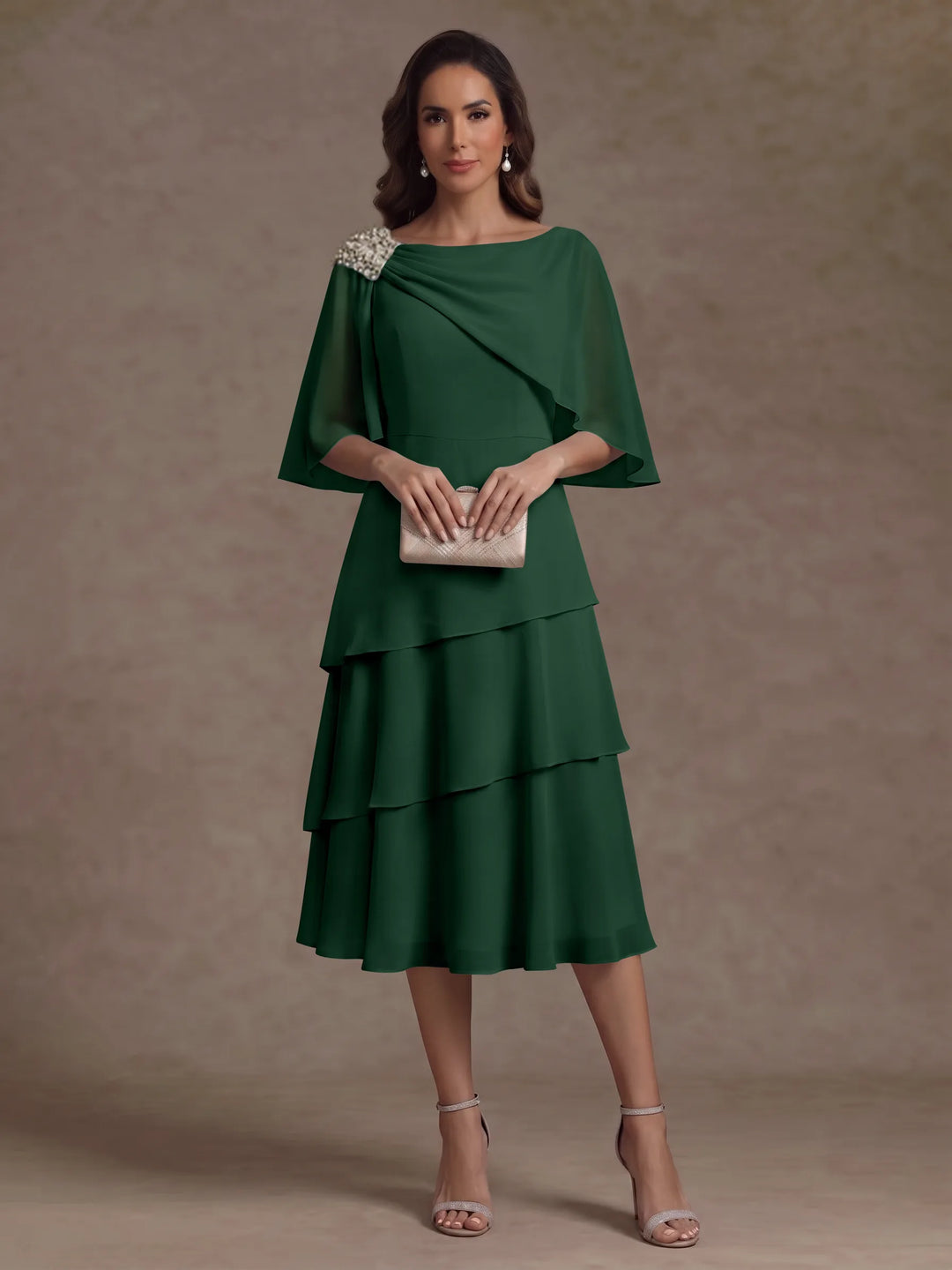 A-Line/Princess Boat Neck Chiffon Mother of the Bride Dresses Tea-Length Cape Sleeves Ruffles