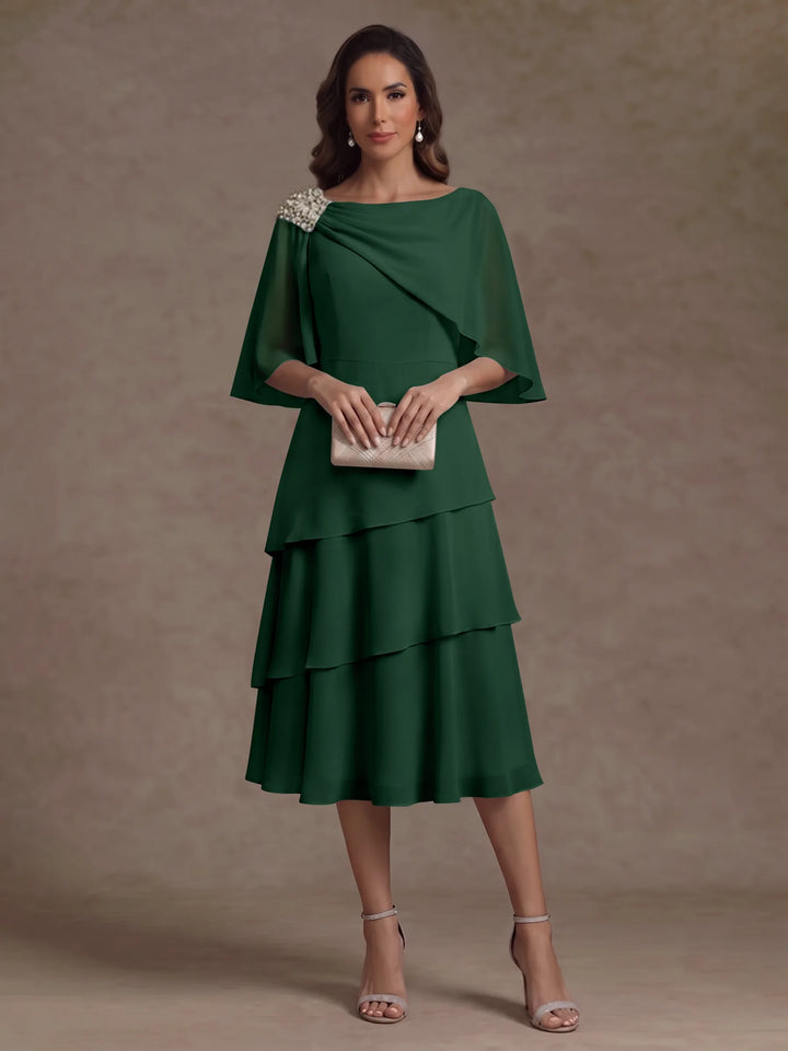 A-Line/Princess Boat Neck Chiffon Mother of the Bride Dresses Tea-Length Cape Sleeves Ruffles