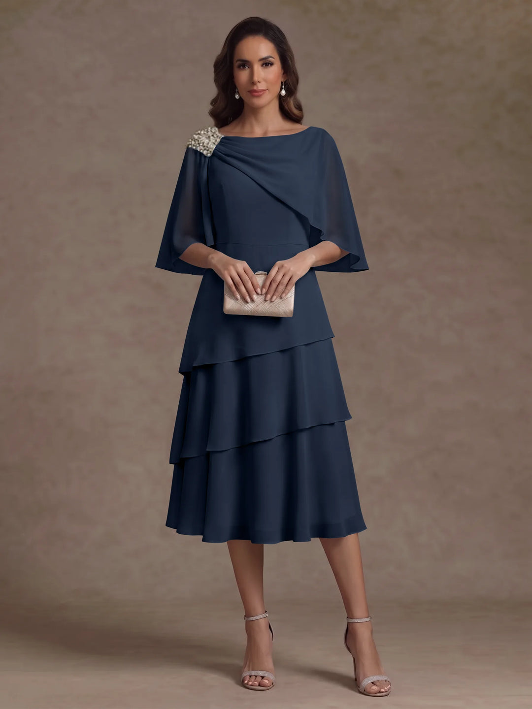 A-Line/Princess Boat Neck Chiffon Mother of the Bride Dresses Tea-Length Cape Sleeves Ruffles