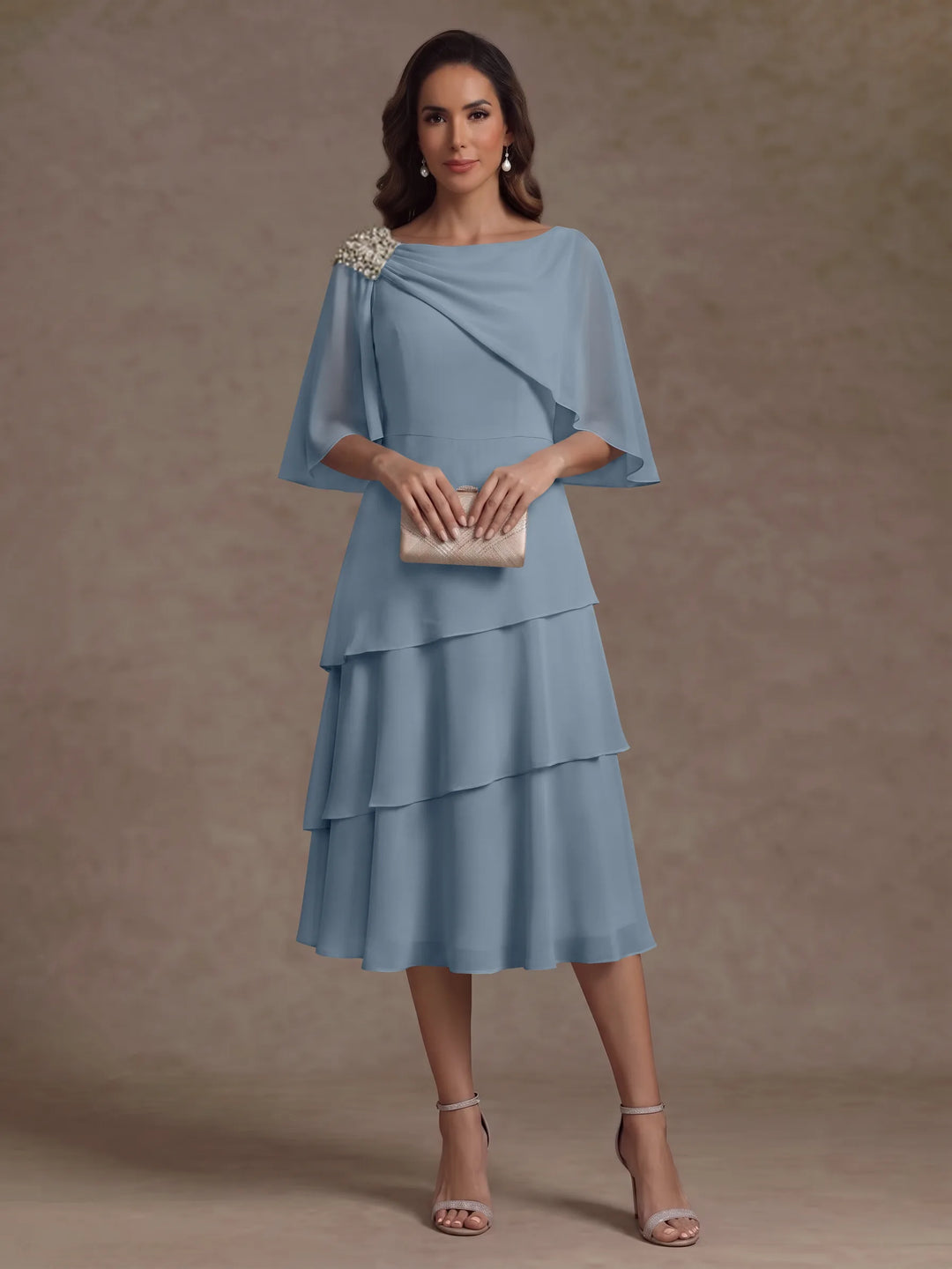 A-Line/Princess Boat Neck Chiffon Mother of the Bride Dresses Tea-Length Cape Sleeves Ruffles