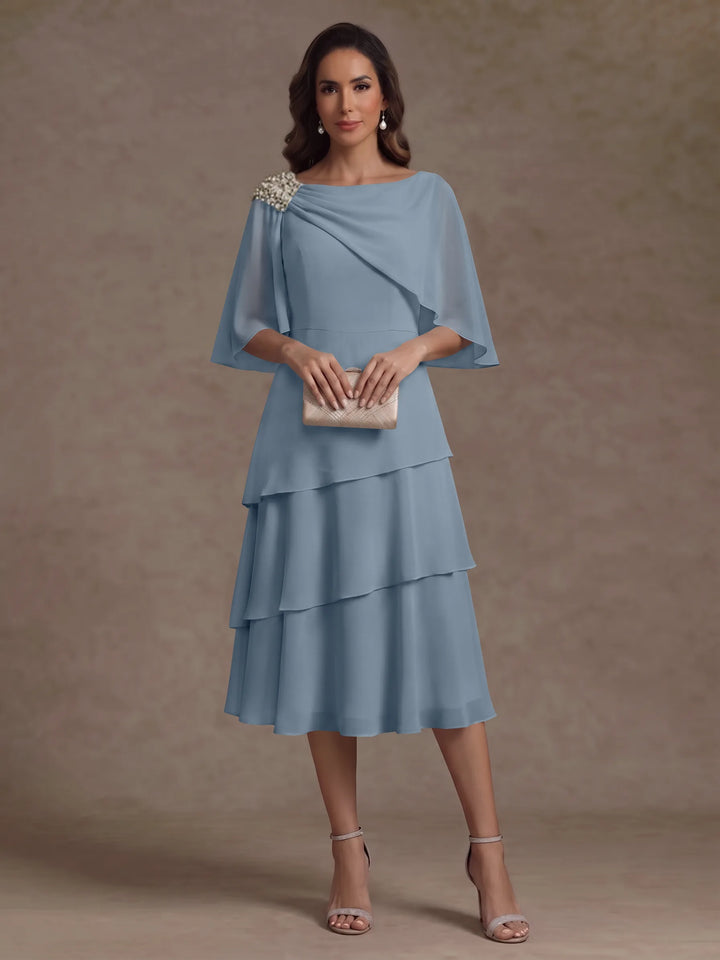 A-Line/Princess Boat Neck Chiffon Mother of the Bride Dresses Tea-Length Cape Sleeves Ruffles