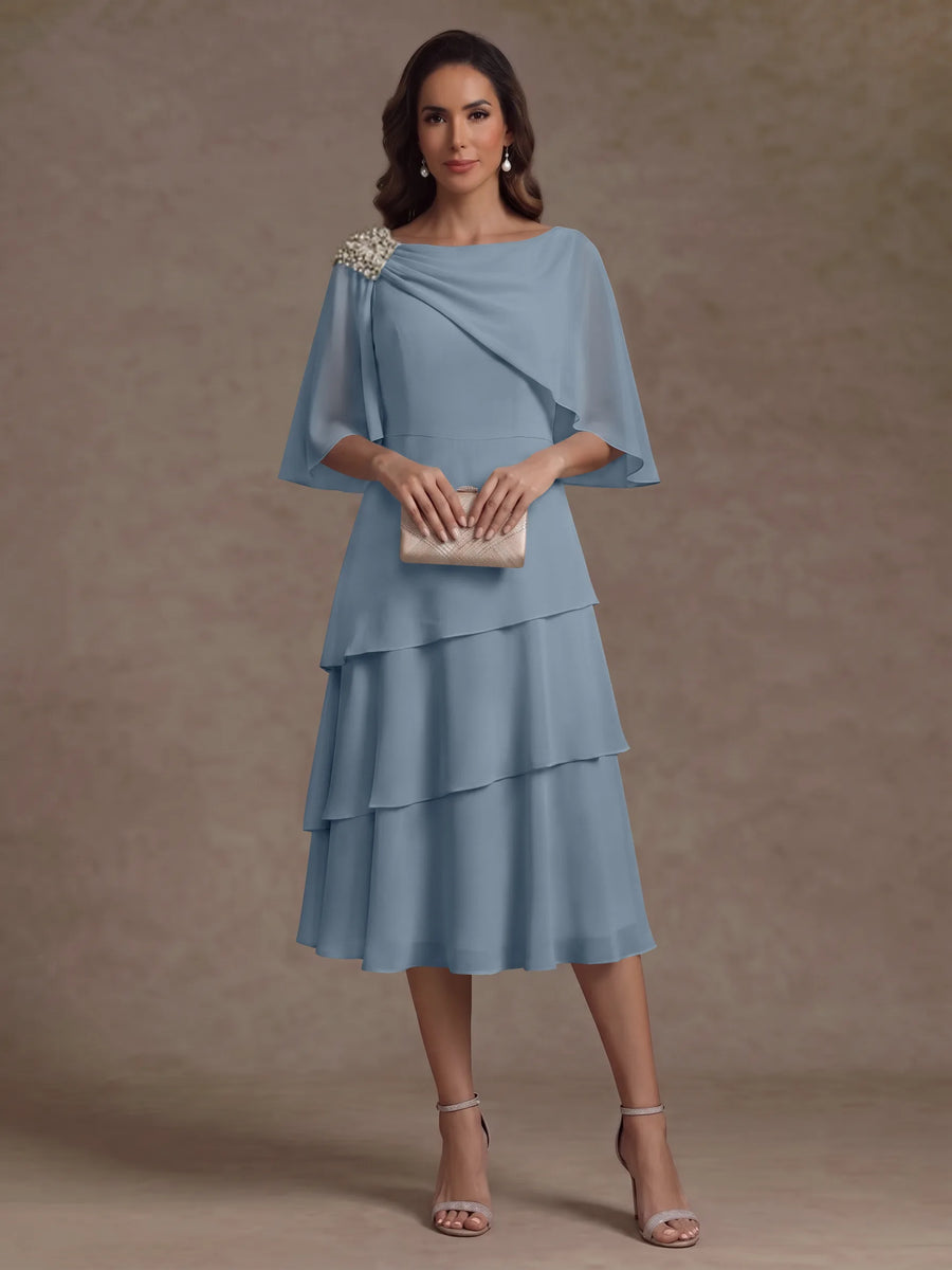 A-Line/Princess Boat Neck Chiffon Mother of the Bride Dresses Tea-Length Cape Sleeves Ruffles