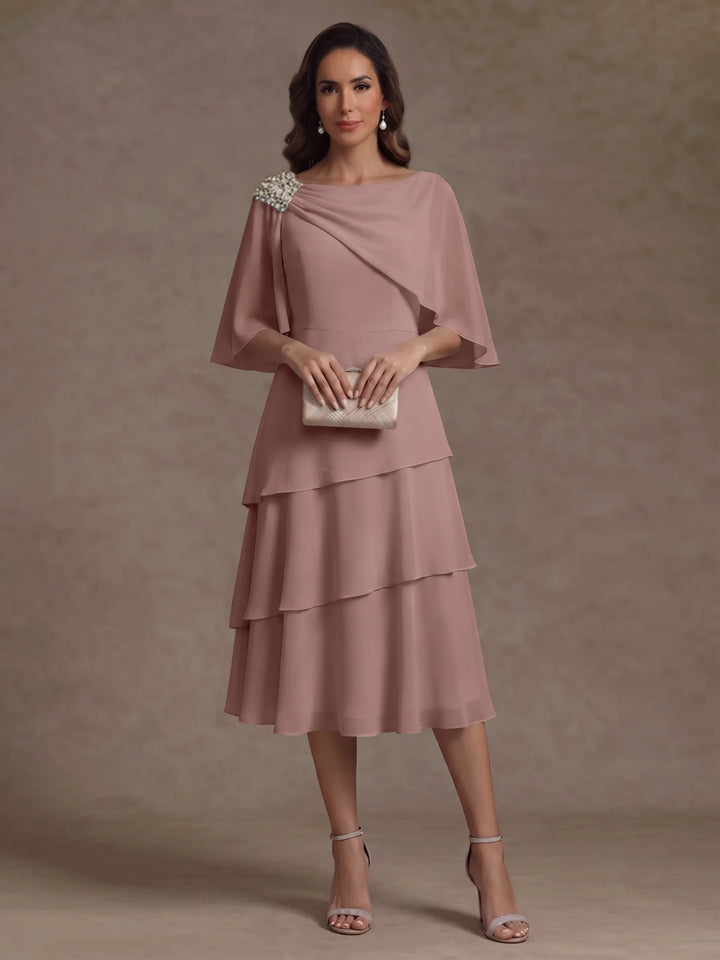 A-Line/Princess Boat Neck Chiffon Mother of the Bride Dresses Tea-Length Cape Sleeves Ruffles