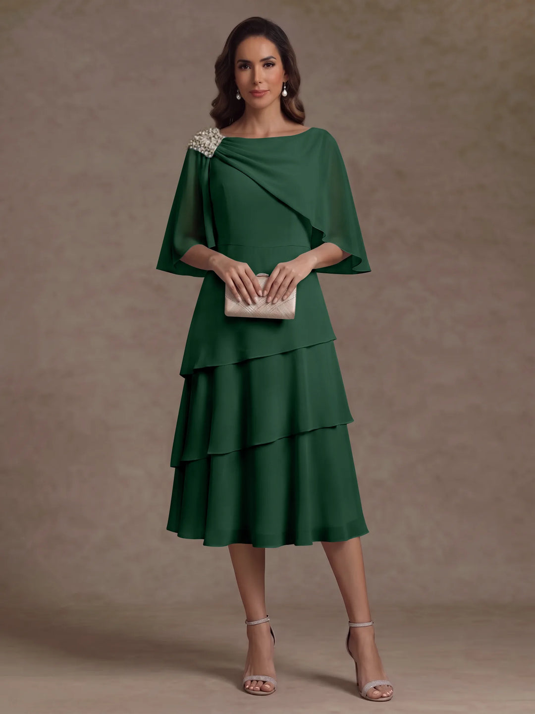 A-Line/Princess Boat Neck Chiffon Mother of the Bride Dresses Tea-Length Cape Sleeves Ruffles