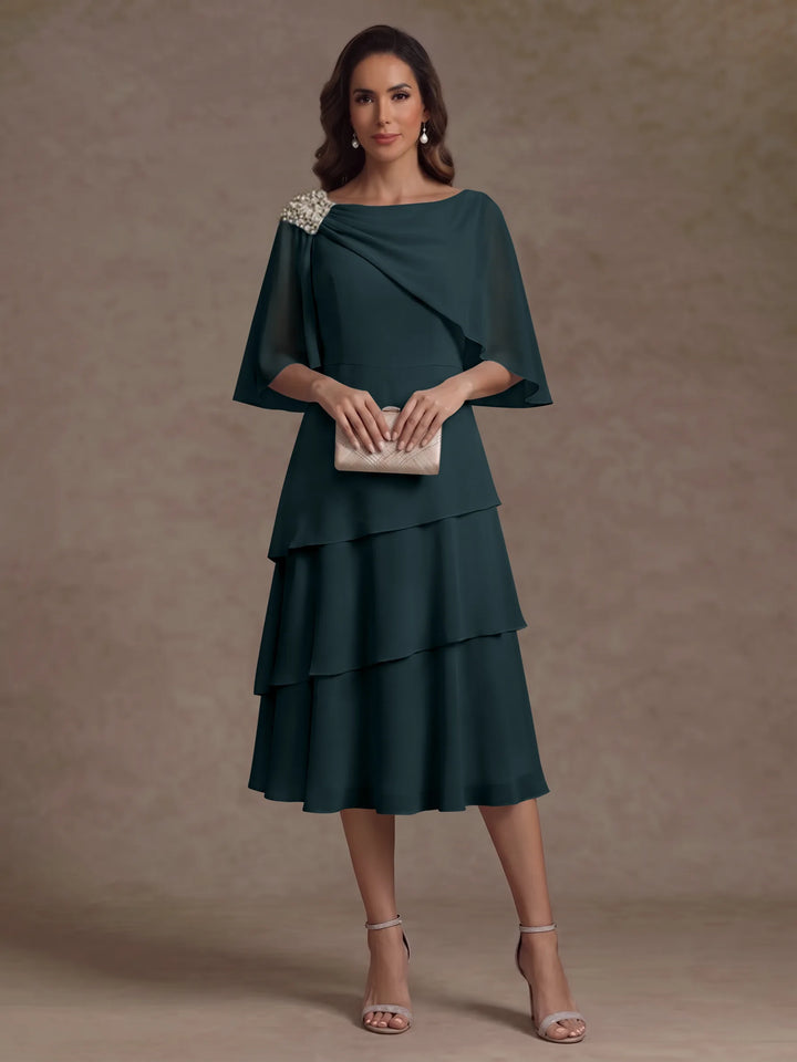A-Line/Princess Boat Neck Chiffon Mother of the Bride Dresses Tea-Length Cape Sleeves Ruffles