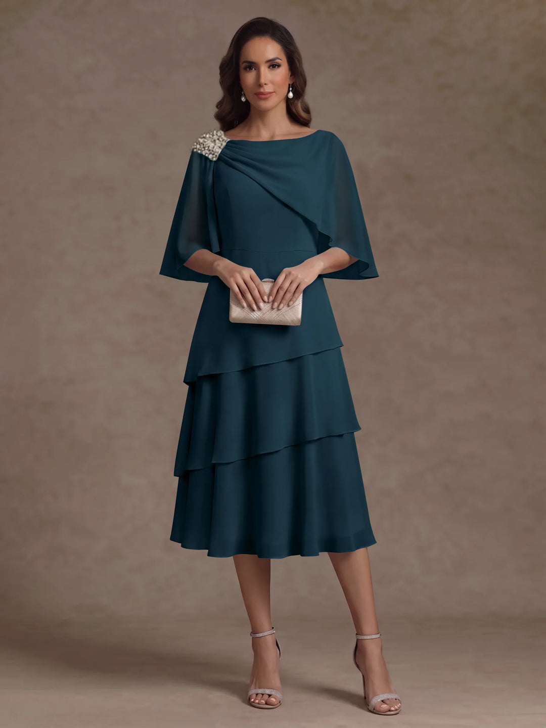 A-Line/Princess Boat Neck Chiffon Mother of the Bride Dresses Tea-Length Cape Sleeves Ruffles
