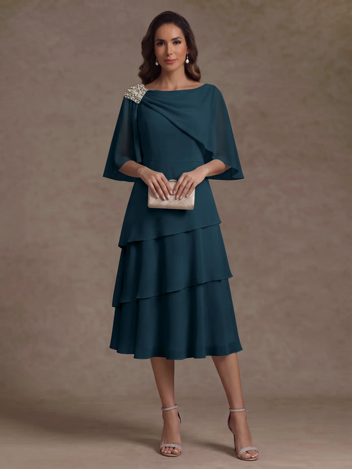 A-Line/Princess Boat Neck Chiffon Mother of the Bride Dresses Tea-Length Cape Sleeves Ruffles