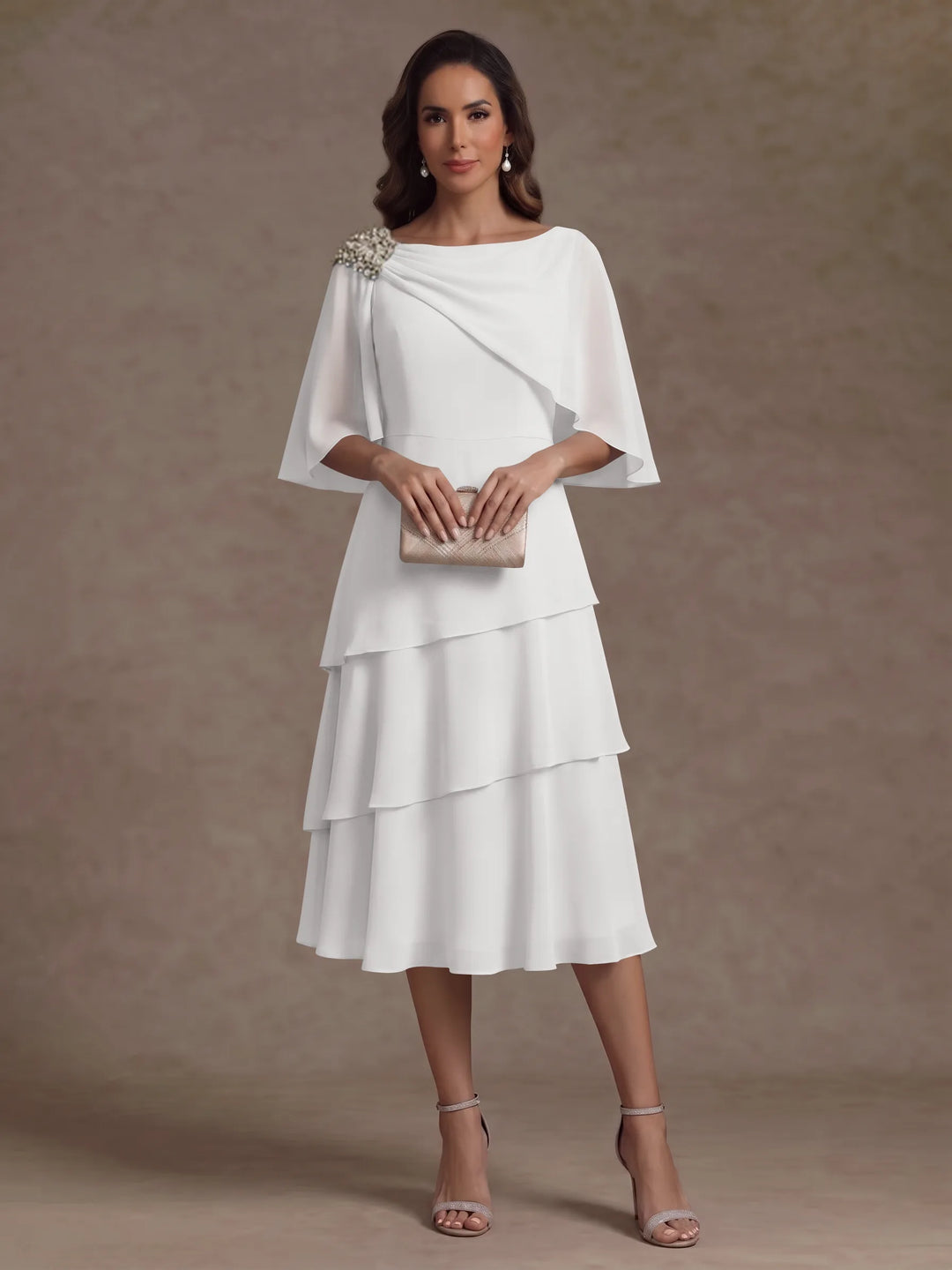 A-Line/Princess Boat Neck Chiffon Mother of the Bride Dresses Tea-Length Cape Sleeves Ruffles