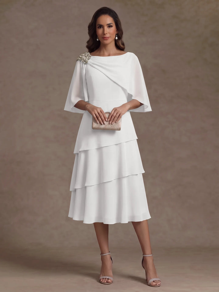 A-Line/Princess Boat Neck Chiffon Mother of the Bride Dresses Tea-Length Cape Sleeves Ruffles