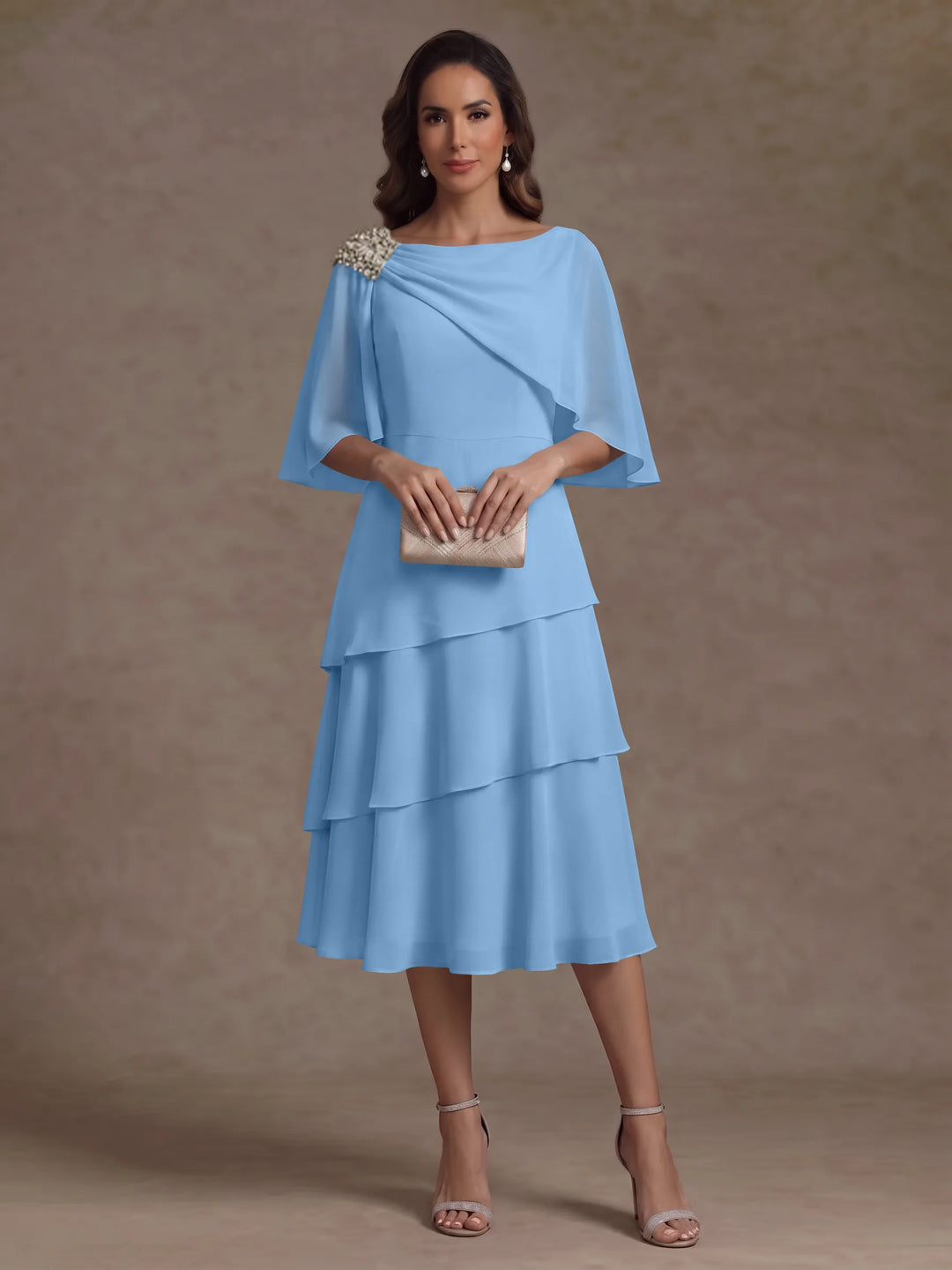 A-Line/Princess Boat Neck Chiffon Mother of the Bride Dresses Tea-Length Cape Sleeves Ruffles