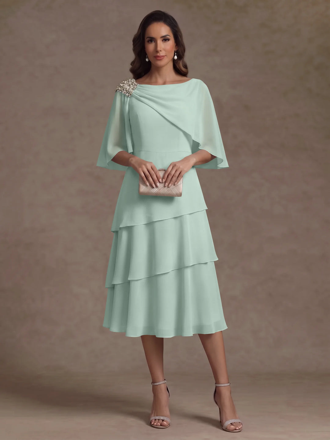 A-Line/Princess Boat Neck Chiffon Mother of the Bride Dresses Tea-Length Cape Sleeves Ruffles