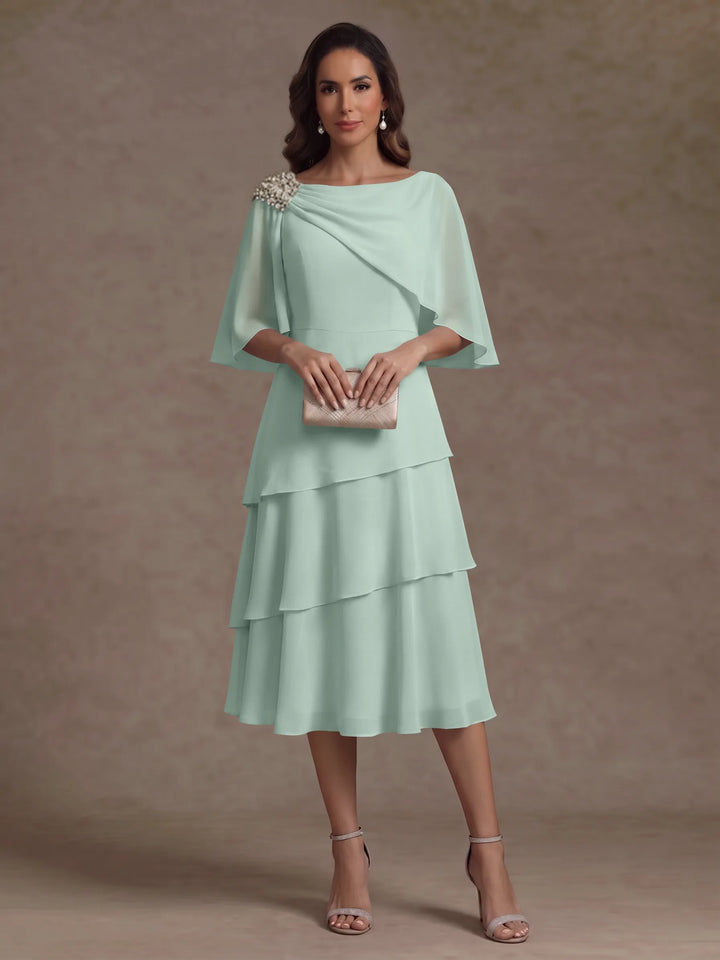 A-Line/Princess Boat Neck Chiffon Mother of the Bride Dresses Tea-Length Cape Sleeves Ruffles