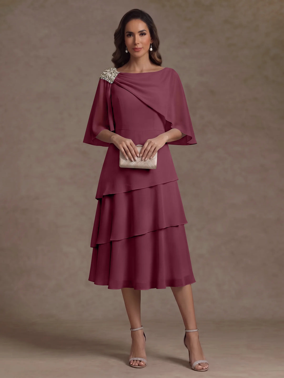 A-Line/Princess Boat Neck Chiffon Mother of the Bride Dresses Tea-Length Cape Sleeves Ruffles