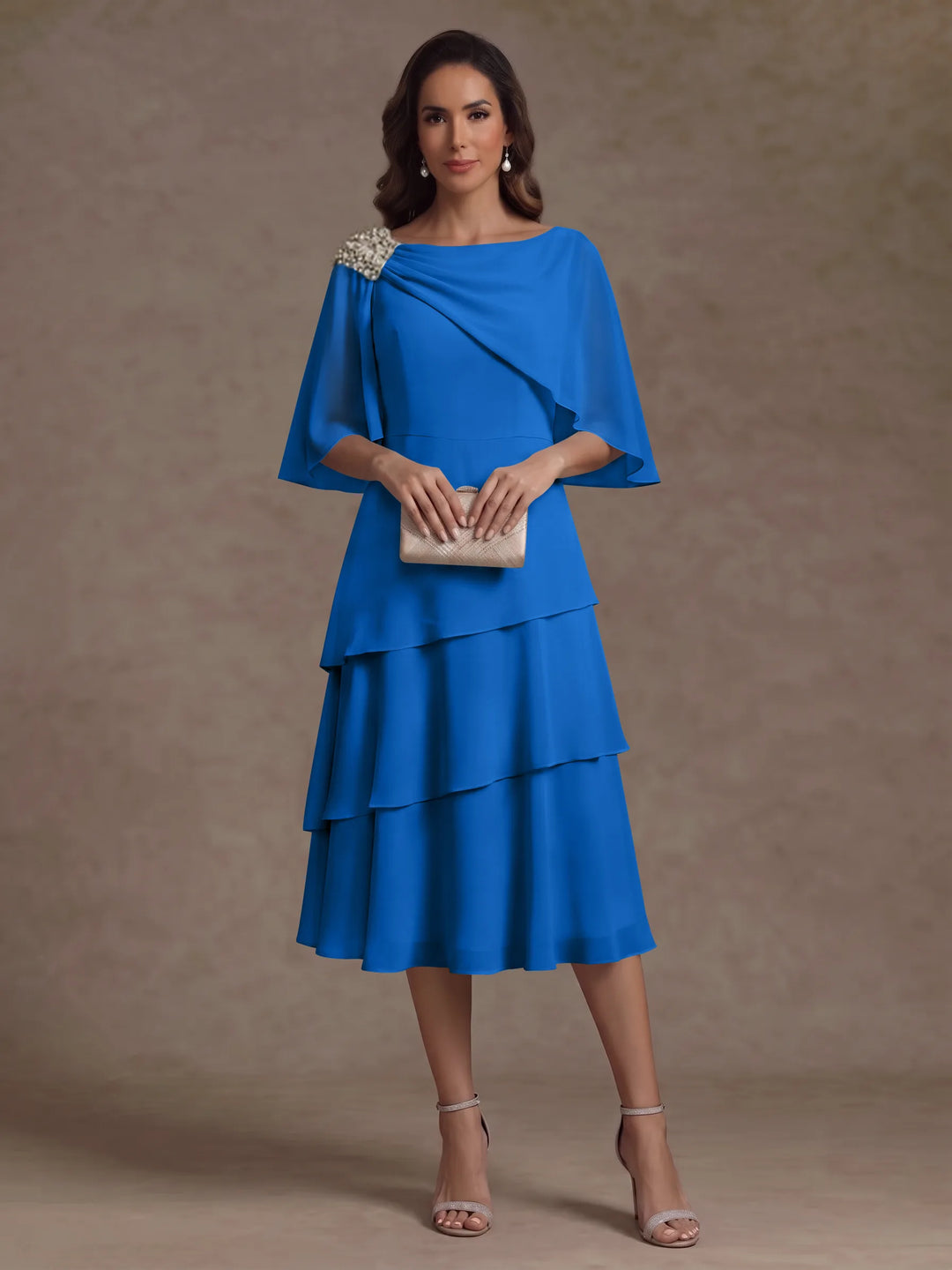 A-Line/Princess Boat Neck Chiffon Mother of the Bride Dresses Tea-Length Cape Sleeves Ruffles