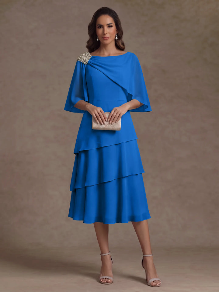 A-Line/Princess Boat Neck Chiffon Mother of the Bride Dresses Tea-Length Cape Sleeves Ruffles