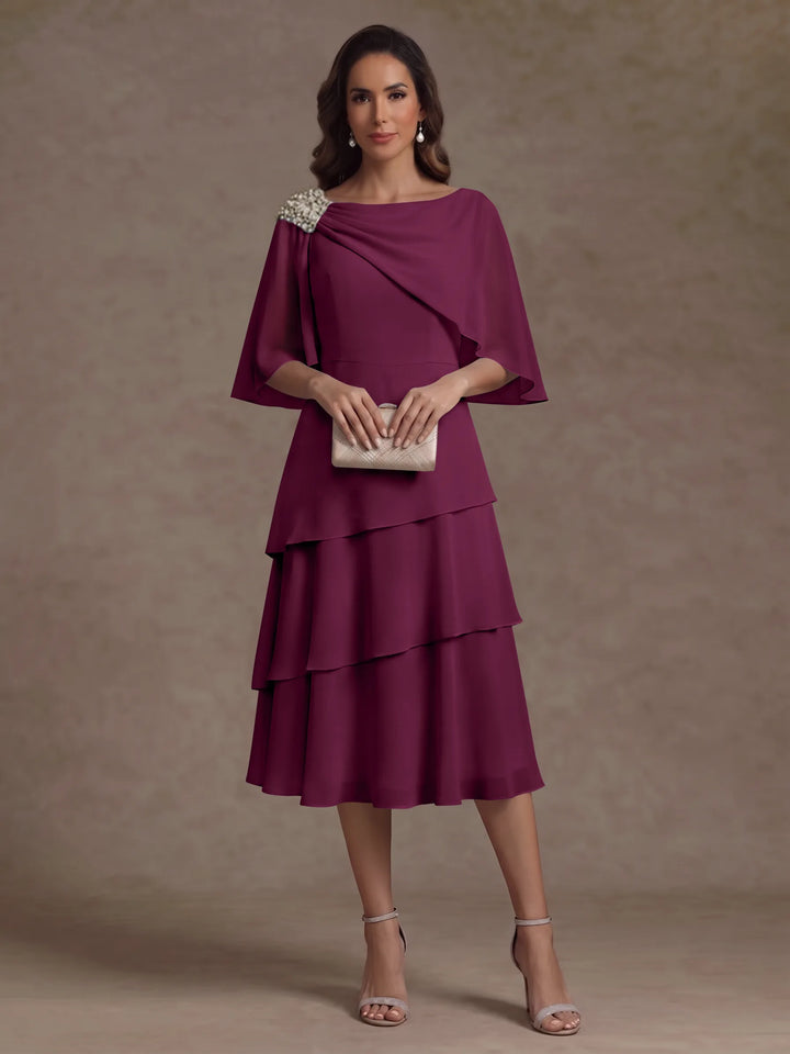 A-Line/Princess Boat Neck Chiffon Mother of the Bride Dresses Tea-Length Cape Sleeves Ruffles