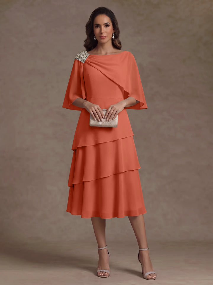 A-Line/Princess Boat Neck Chiffon Mother of the Bride Dresses Tea-Length Cape Sleeves Ruffles