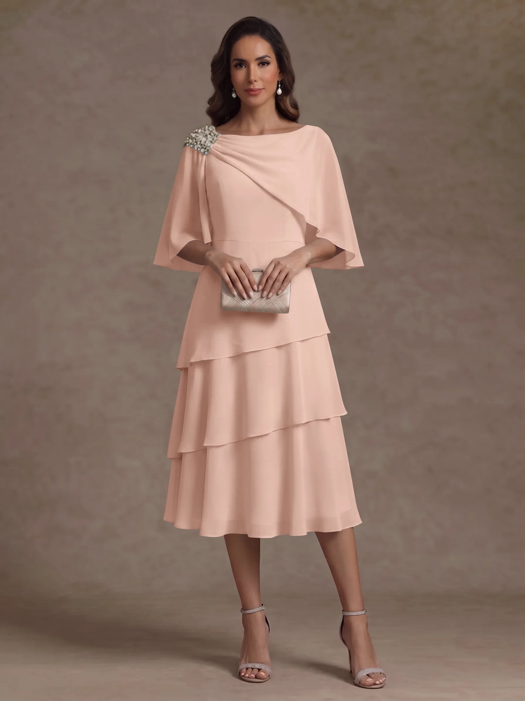 A-Line/Princess Boat Neck Chiffon Mother of the Bride Dresses Tea-Length Cape Sleeves Ruffles
