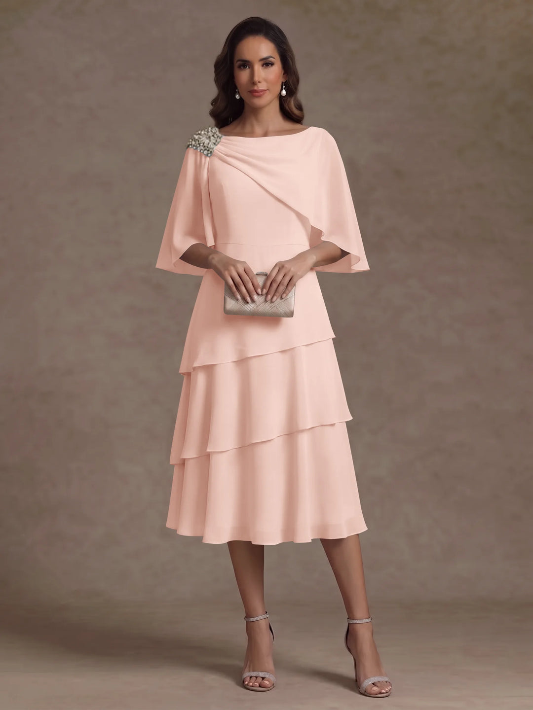 A-Line/Princess Boat Neck Chiffon Mother of the Bride Dresses Tea-Length Cape Sleeves Ruffles