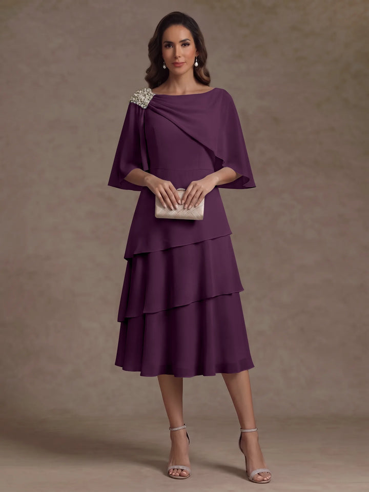A-Line/Princess Boat Neck Chiffon Mother of the Bride Dresses Tea-Length Cape Sleeves Ruffles