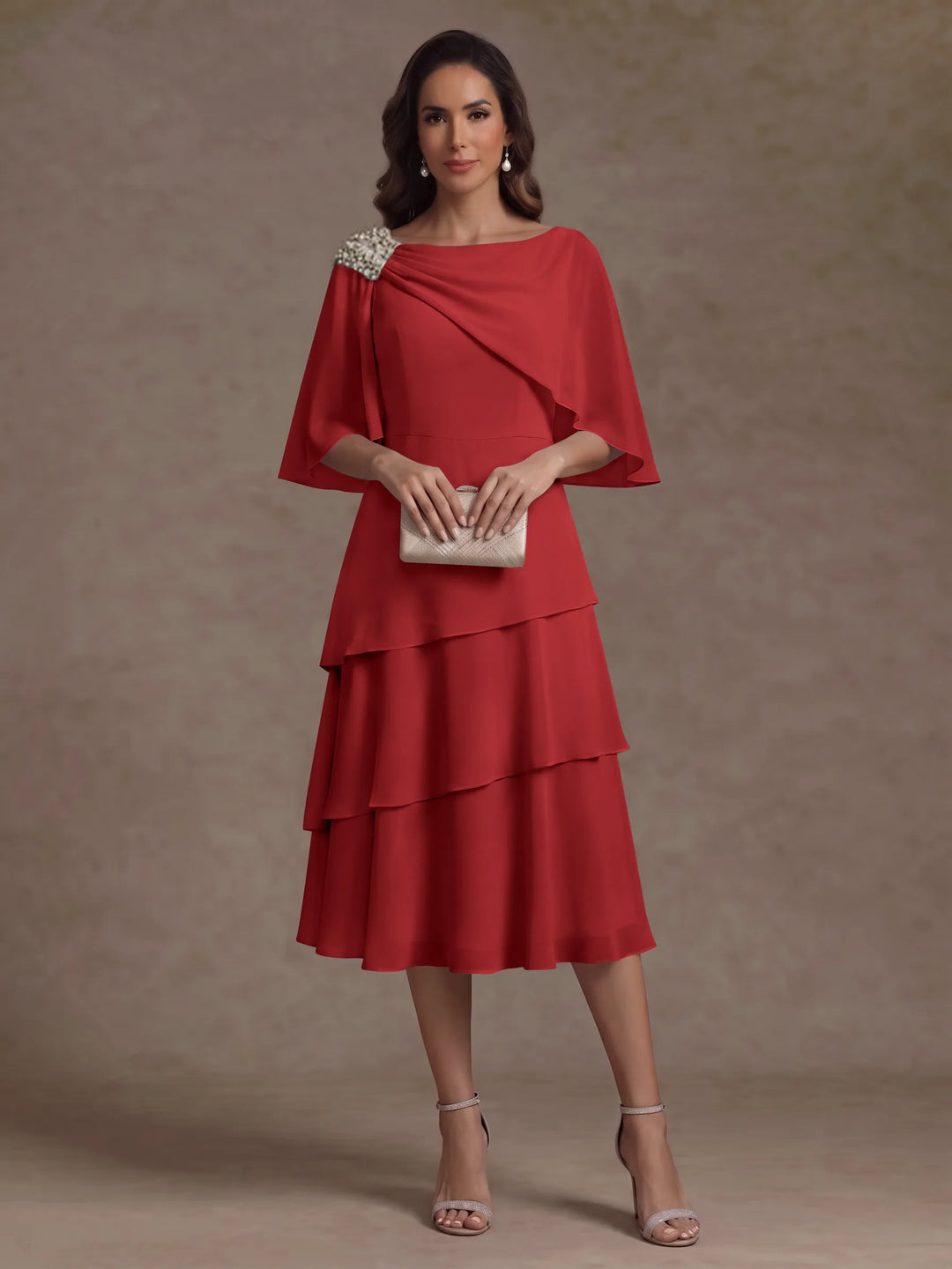 A-Line/Princess Boat Neck Chiffon Mother of the Bride Dresses Tea-Length Cape Sleeves Ruffles