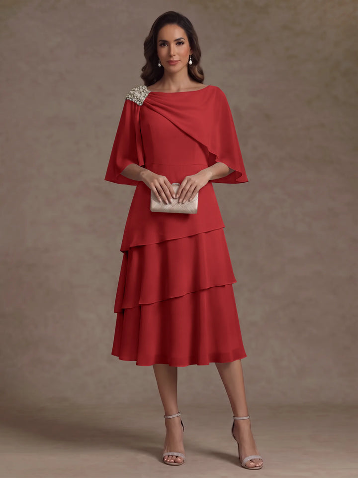 A-Line/Princess Boat Neck Chiffon Mother of the Bride Dresses Tea-Length Cape Sleeves Ruffles