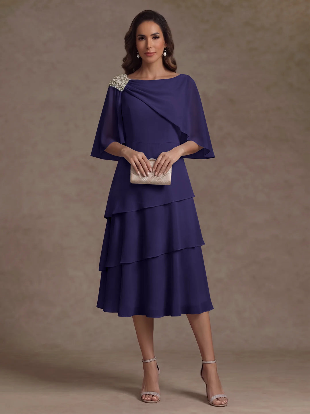 A-Line/Princess Boat Neck Chiffon Mother of the Bride Dresses Tea-Length Cape Sleeves Ruffles
