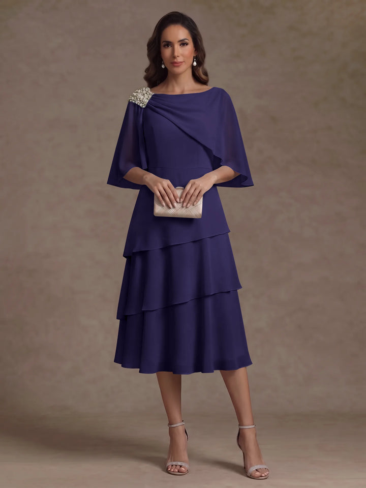 A-Line/Princess Boat Neck Chiffon Mother of the Bride Dresses Tea-Length Cape Sleeves Ruffles