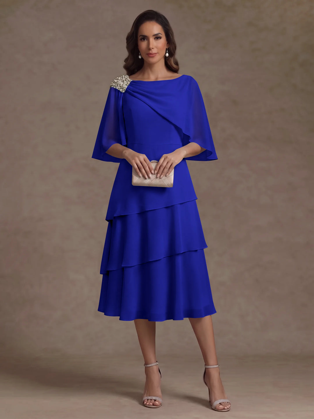 A-Line/Princess Boat Neck Chiffon Mother of the Bride Dresses Tea-Length Cape Sleeves Ruffles