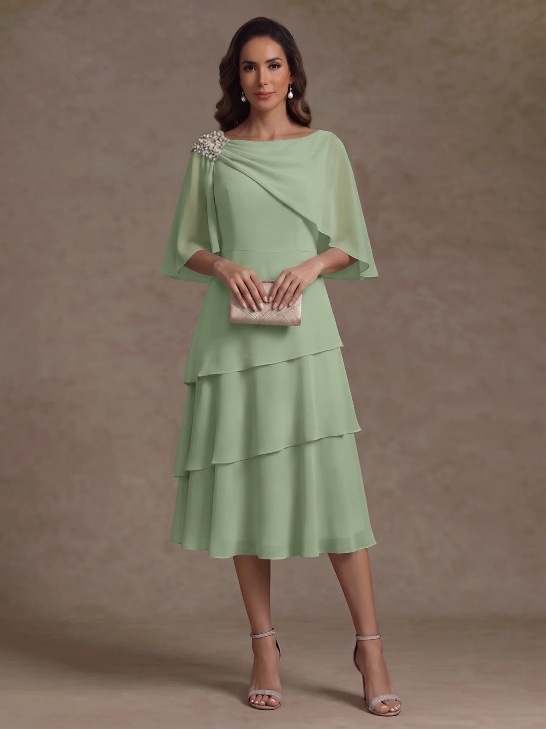 A-Line/Princess Boat Neck Chiffon Mother of the Bride Dresses Tea-Length Cape Sleeves Ruffles