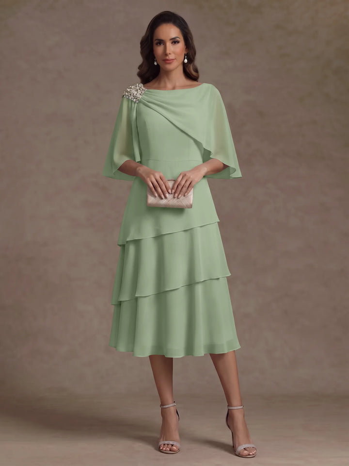 A-Line/Princess Boat Neck Chiffon Mother of the Bride Dresses Tea-Length Cape Sleeves Ruffles