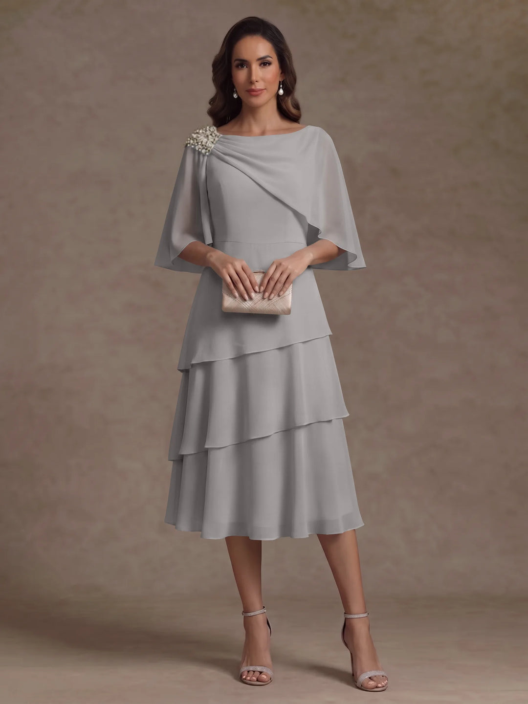 A-Line/Princess Boat Neck Chiffon Mother of the Bride Dresses Tea-Length Cape Sleeves Ruffles