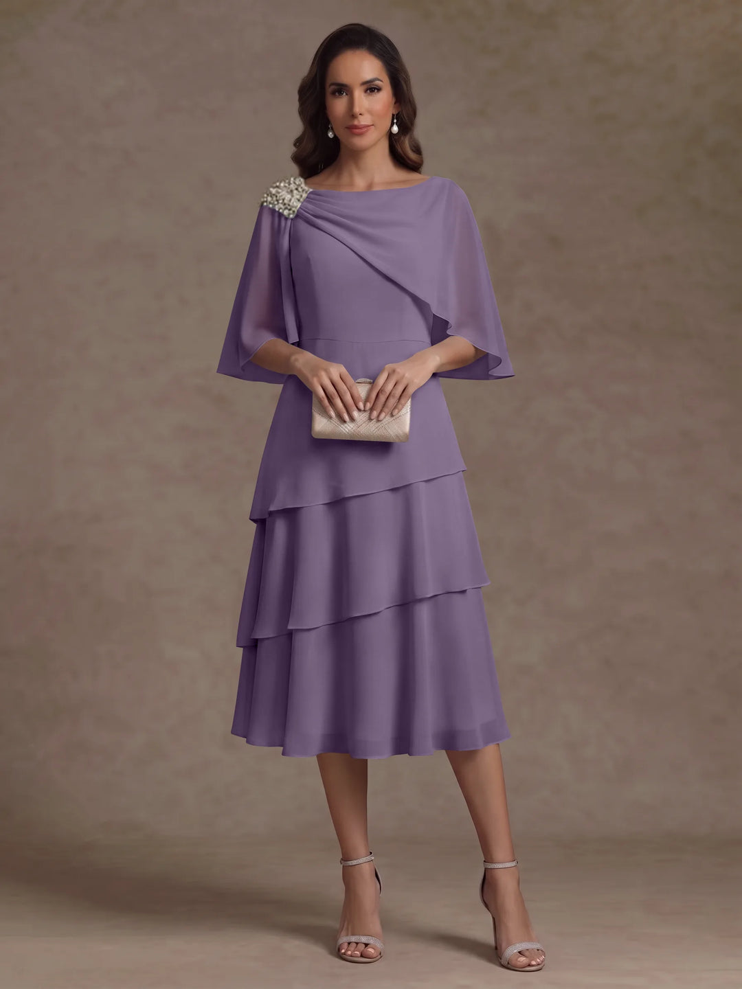 A-Line/Princess Boat Neck Chiffon Mother of the Bride Dresses Tea-Length Cape Sleeves Ruffles