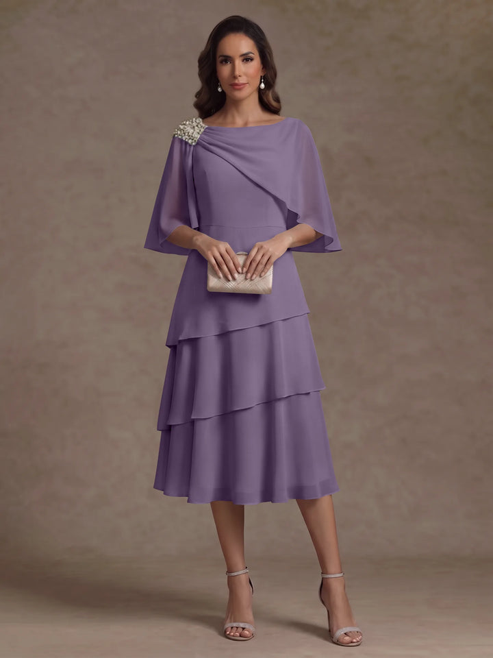 A-Line/Princess Boat Neck Chiffon Mother of the Bride Dresses Tea-Length Cape Sleeves Ruffles