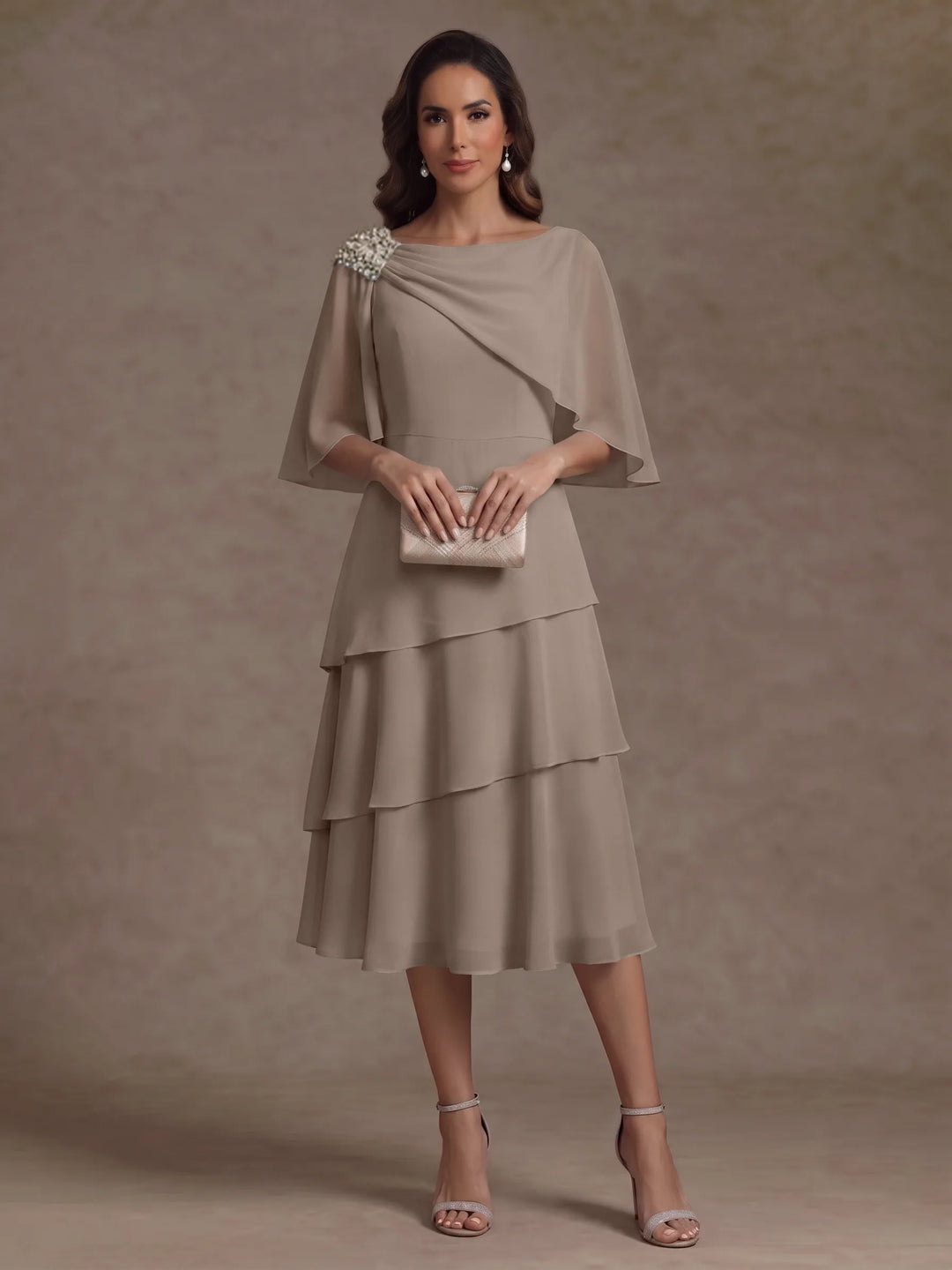 A-Line/Princess Boat Neck Chiffon Mother of the Bride Dresses Tea-Length Cape Sleeves Ruffles