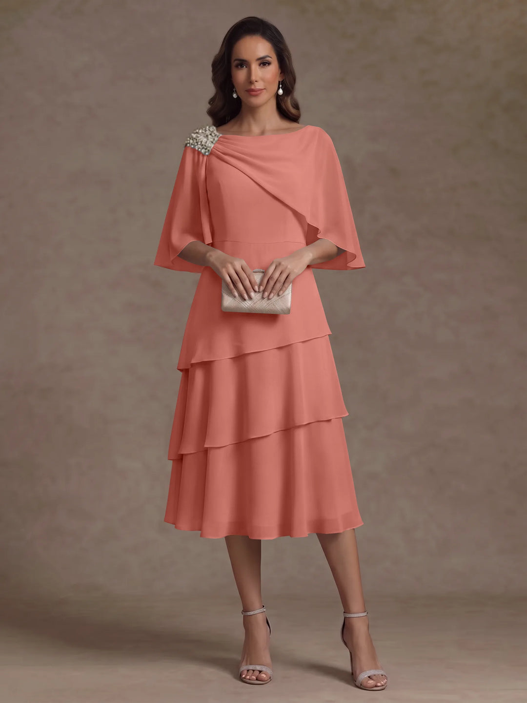 A-Line/Princess Boat Neck Chiffon Mother of the Bride Dresses Tea-Length Cape Sleeves Ruffles