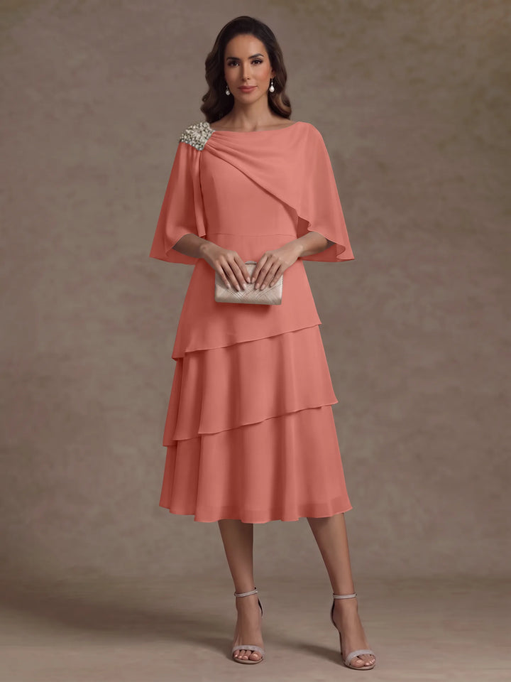 A-Line/Princess Boat Neck Chiffon Mother of the Bride Dresses Tea-Length Cape Sleeves Ruffles