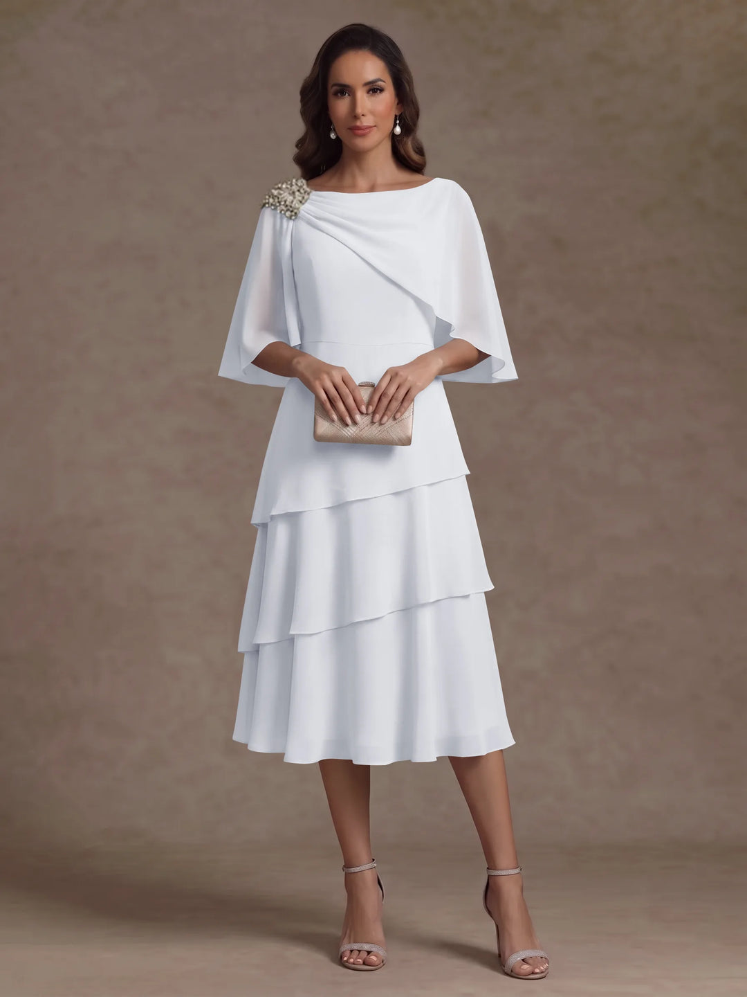 A-Line/Princess Boat Neck Chiffon Mother of the Bride Dresses Tea-Length Cape Sleeves Ruffles