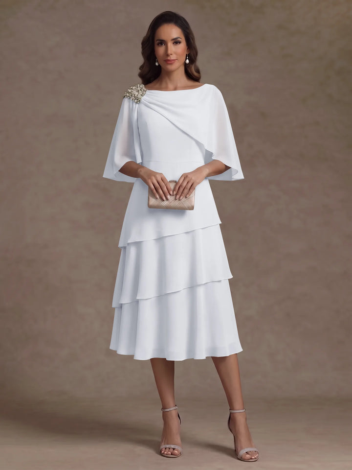 A-Line/Princess Boat Neck Chiffon Mother of the Bride Dresses Tea-Length Cape Sleeves Ruffles