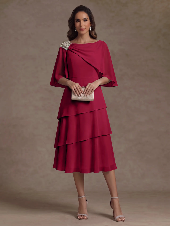 A-Line/Princess Boat Neck Chiffon Mother of the Bride Dresses Tea-Length Cape Sleeves Ruffles