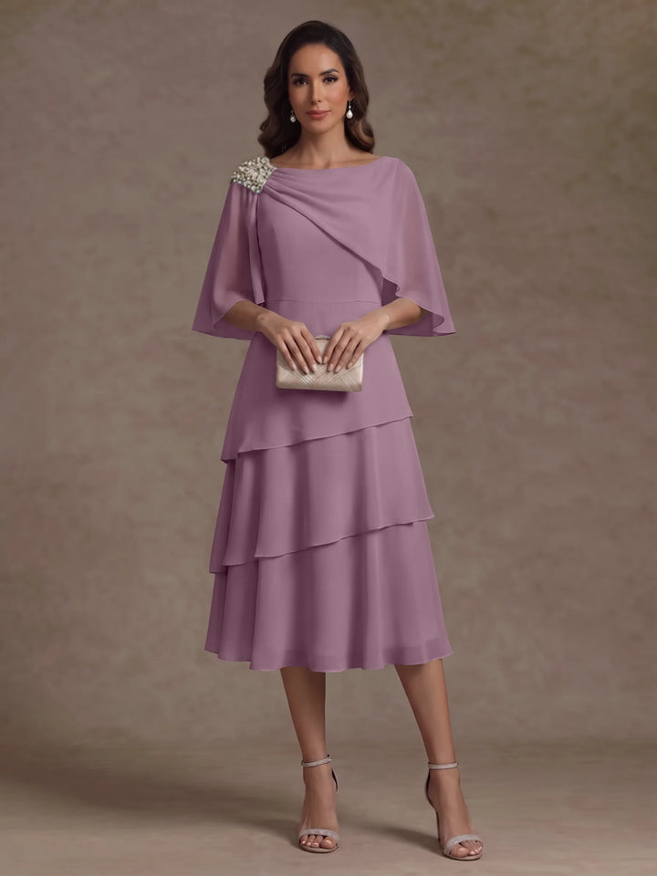 A-Line/Princess Boat Neck Chiffon Mother of the Bride Dresses Tea-Length Cape Sleeves Ruffles
