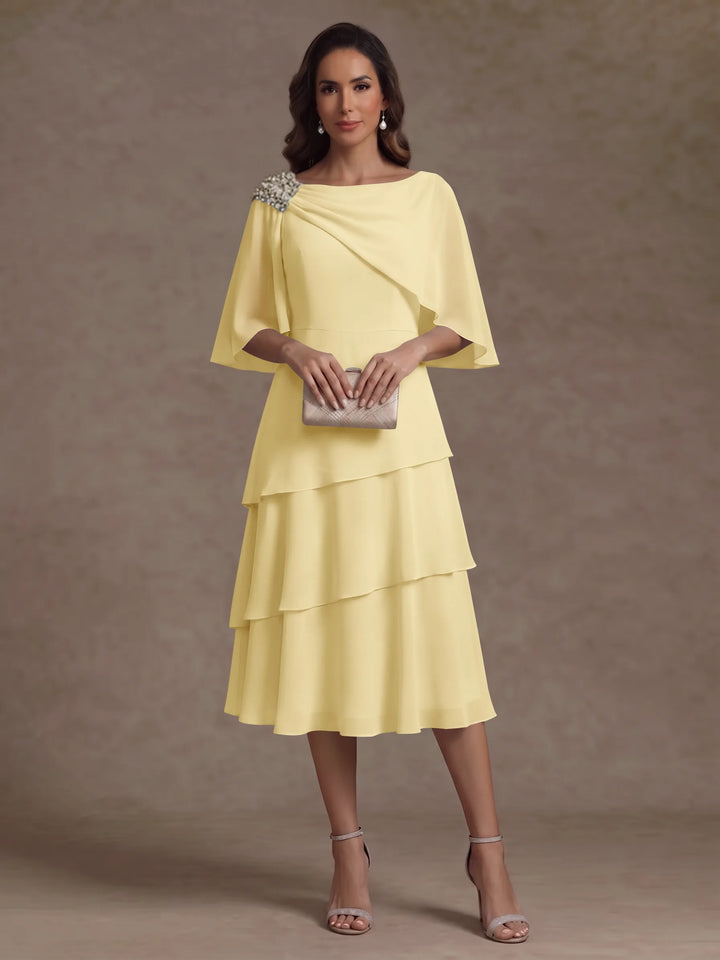 A-Line/Princess Boat Neck Chiffon Mother of the Bride Dresses Tea-Length Cape Sleeves Ruffles