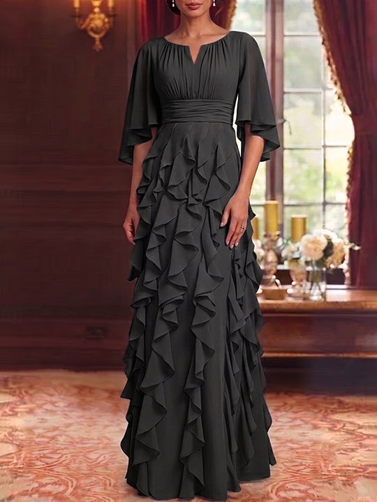 A-Line/Princess Scoop Chiffon Mother of the Bride Dresses Floor-Length Ruffles 3/4 Sleeves
