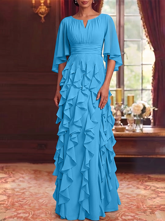 A-Line/Princess Scoop Chiffon Mother of the Bride Dresses Floor-Length Ruffles 3/4 Sleeves