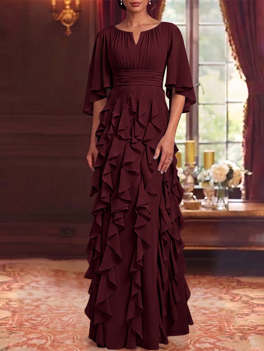 A-Line/Princess Scoop Chiffon Mother of the Bride Dresses Floor-Length Ruffles 3/4 Sleeves